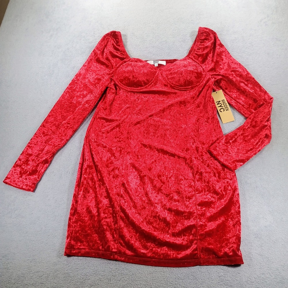 Madden NYC Womens Velvet Bustier Mini Dress Red Large Long Sleeve NWT